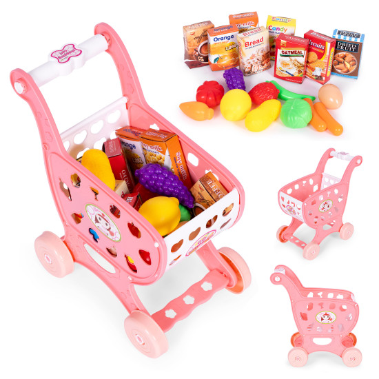 Różowy wózek na zakupy dla dzieci do zabawy w supermarkecie