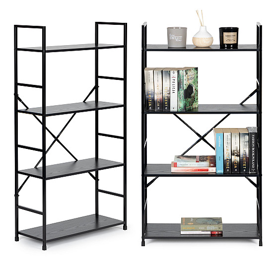 Juoda plati medinė lentyna su 4 lentynomis ModernHome