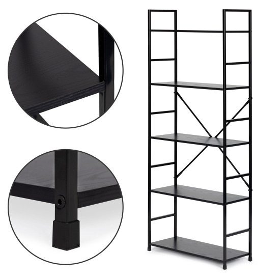 Plati juoda moderni medinė LOFT knygų spinta su 5 lentynomis Lentynos ModernHome