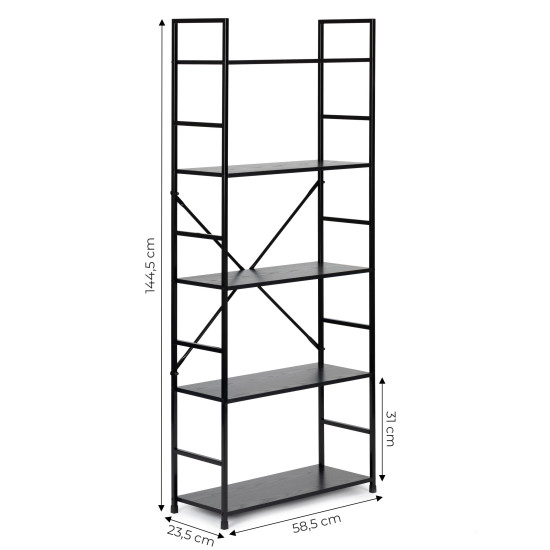 Plati juoda moderni medinė LOFT knygų spinta su 5 lentynomis Lentynos ModernHome