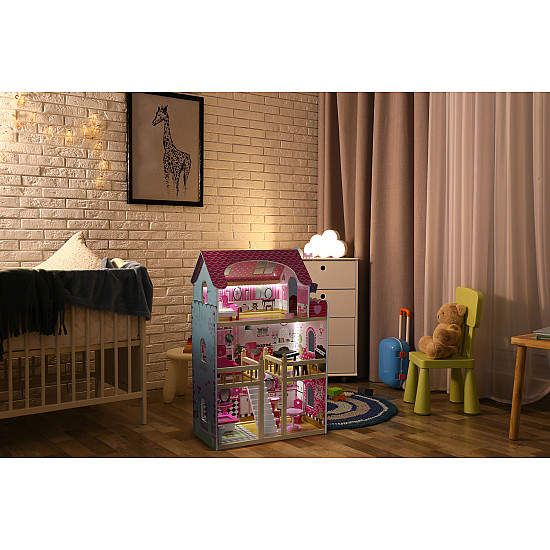 Koka leļļu māja ar mēbelēm ECOTOYS