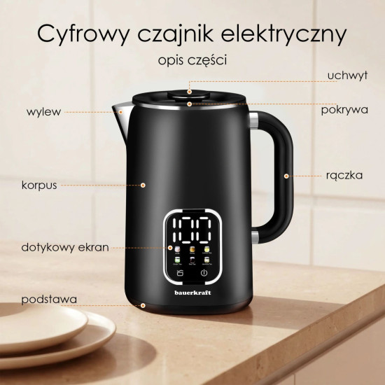Elektrinis juodas virdulys 1,7 l, su temperatūros reguliavimo funkcija Elektronika ir buitiniai prietaisai Bauerkraft
