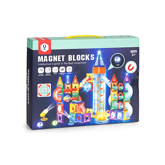 Magnetiniai šviečiantys konstruktoriaus blokai su rutulių takeliu 134 vnt.