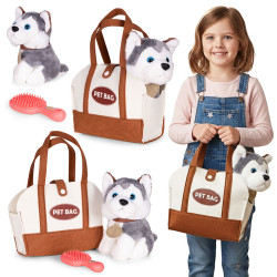 Plush husky puppy in a bag