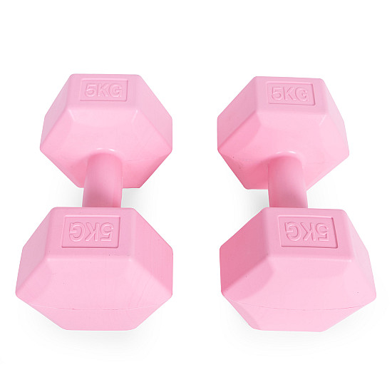Rožinių šešiakampių hantlių rinkinys 2 x 5 kg ModernHome
