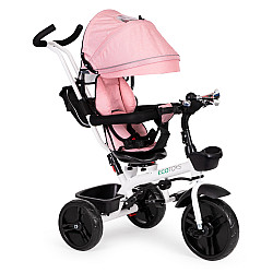 Rožinis triratis vežimėlis su 360° besisukančia sėdynėle