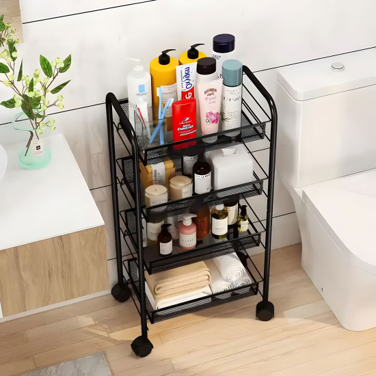 Juoda metalinė lentyna su 4 lentynomis ir ratukais Lentynos ModernHome