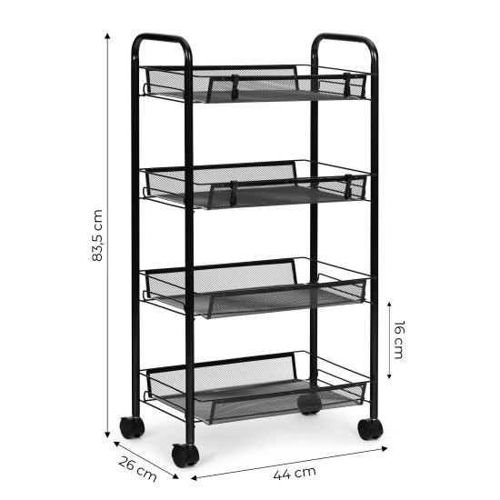 Juoda metalinė lentyna su 4 lentynomis ir ratukais Lentynos ModernHome