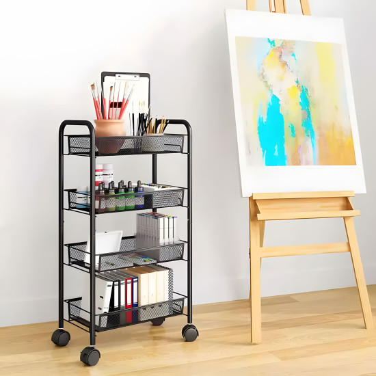 Juoda metalinė lentyna su 4 lentynomis ir ratukais Lentynos ModernHome