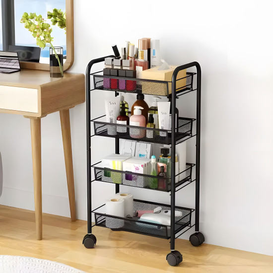 Juoda metalinė lentyna su 4 lentynomis ir ratukais Lentynos ModernHome