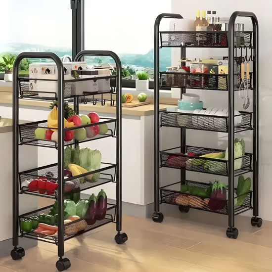 Juoda metalinė lentyna su 4 lentynomis ir ratukais Lentynos ModernHome