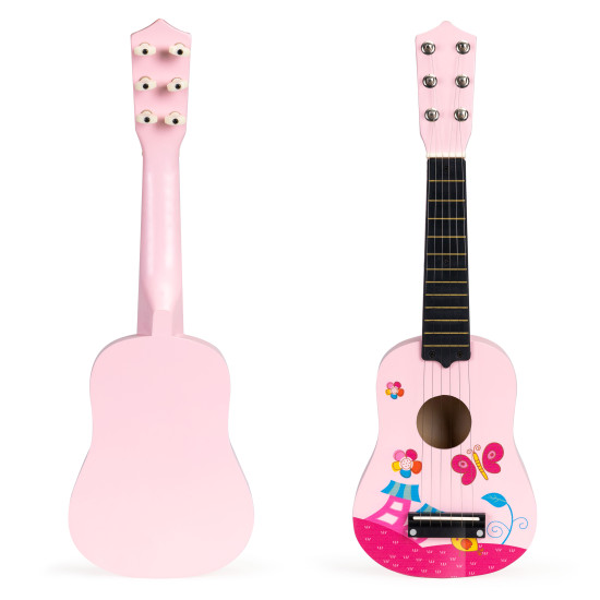 Wooden Guitar for Kids with Metal Strings and Pick – Pink Muzikos instrumentai ECOTOYS