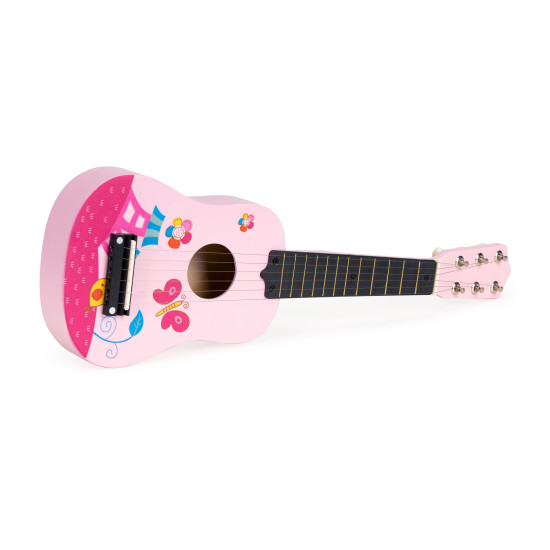 Wooden Guitar for Kids with Metal Strings and Pick – Pink Muzikos instrumentai ECOTOYS