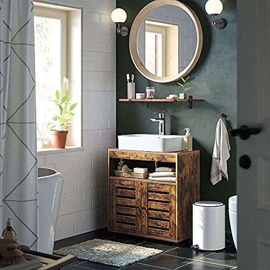 Brown bathroom cabinet under the sink with adjustable shelves