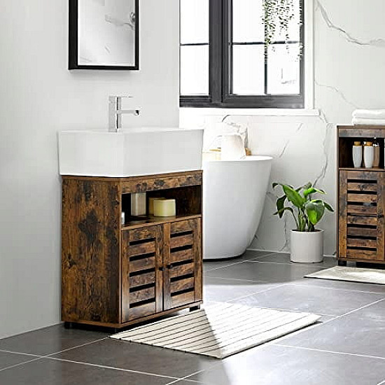 Brown bathroom cabinet under the sink with adjustable shelves