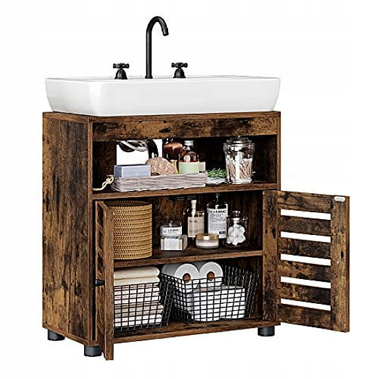 Brown bathroom cabinet under the sink with adjustable shelves