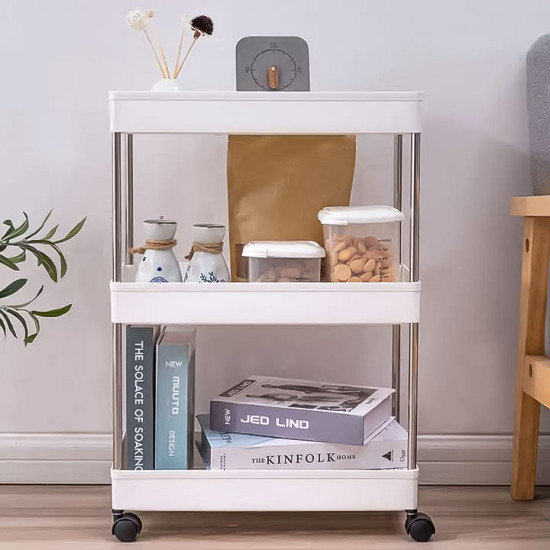 Plastikinė balta vonios lentynėlė su 4 lentynomis ir ratukais Lentynos ModernHome