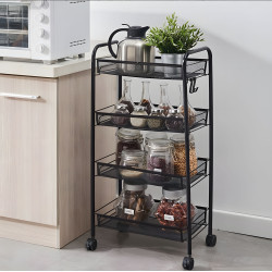 Juoda metalinė vonios lentynėlė su 4 lentynomis ir ratukais