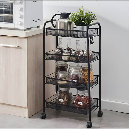 Juoda metalinė vonios lentynėlė su 4 lentynomis ir ratukais Lentynos ModernHome