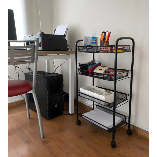 Juoda metalinė vonios lentynėlė su 4 lentynomis ir ratukais Lentynos ModernHome