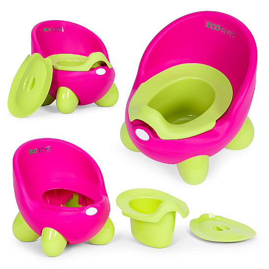 Lasten wc, jossa on irrotettava vuori, vaaleanpunainen ja vihreä ECOTOYS-pönttö.