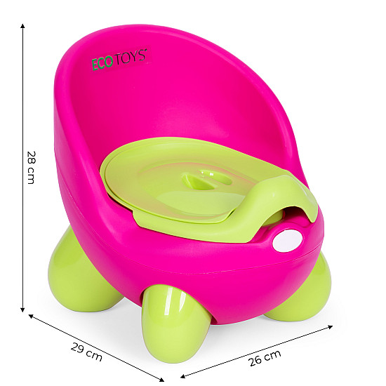 Lasten wc, jossa on irrotettava vuori, vaaleanpunainen ja vihreä ECOTOYS-pönttö.