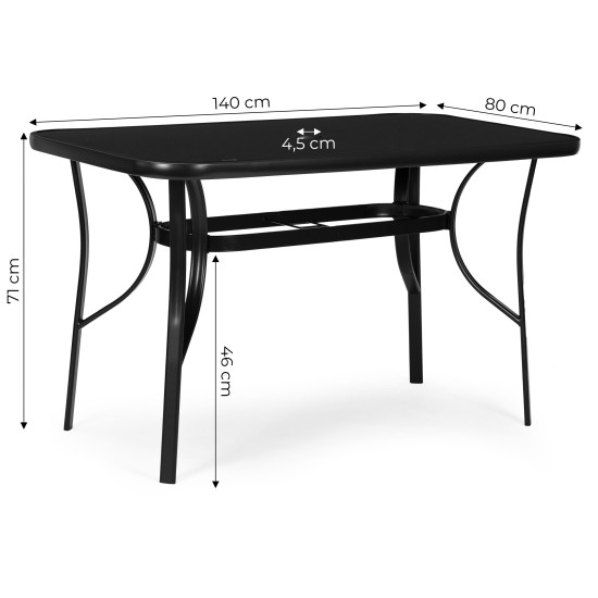 Garden table 140x80 cm tempered glass parasol hole, black, MultiGarden