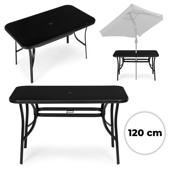 Juodas stalas 120 x 70 cm iš grūdinto stiklo su skėčio tvirtinimo anga