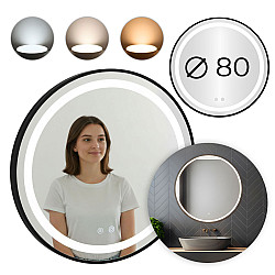 Apvalus juodas LED vonios veidrodis 80 cm su 3 šviesos spalvomis ModernHome