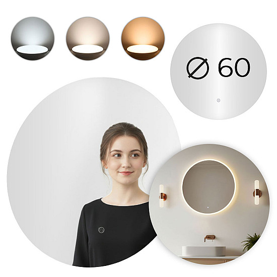 Apvalus LED vonios veidrodis 60 cm su 3 šviesos spalvomis ModernHome