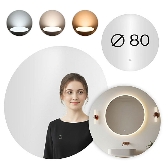 Apvalus LED vonios veidrodis 80 cm su 3 šviesos spalvomis ModernHome