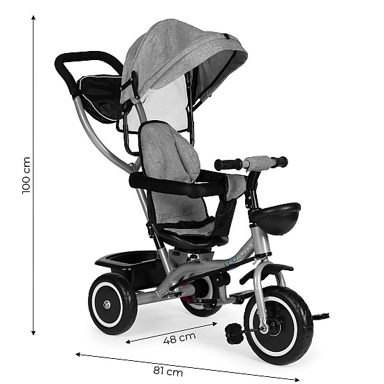 2-in-1 pilkas triratis vežimėlis su pasukama sėdyne