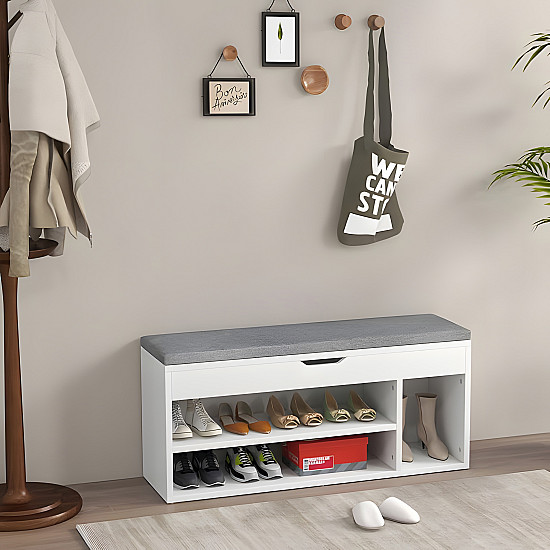 Balta batų spinta su pilka pagalvėle ir 3 lentynomis ModernHome