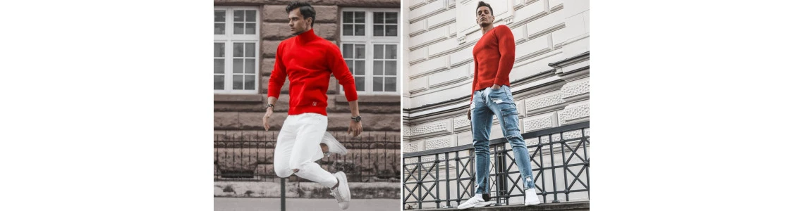 Raudonas vyriškas megztinis, kaip dėvėti?