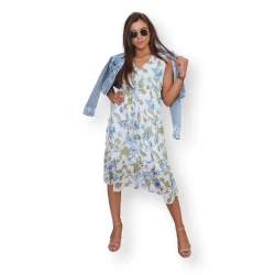 Moteriška balta su mėlynomis gėlėmis suknelė Balu