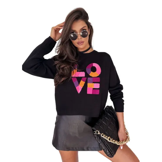Damski czarny sweter oversize Love MY1982