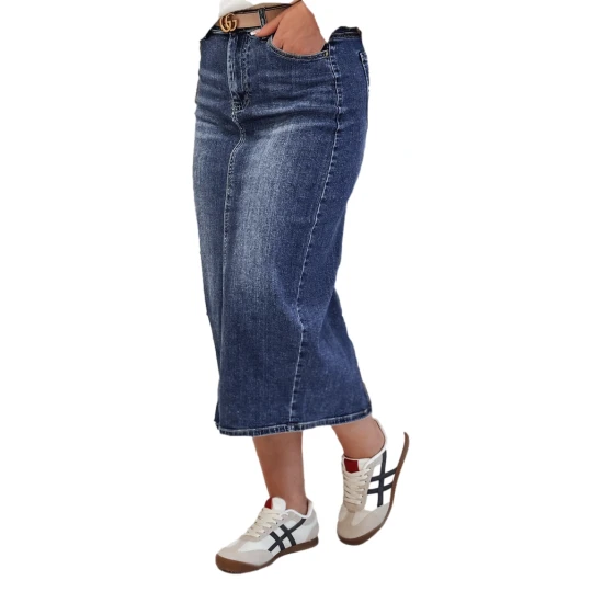 Ilgas džinsinis tamsiai mėlynas sijonas Merita Sijonai