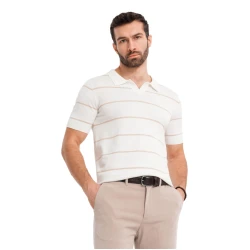 Vyriški dryžuoti baltos spalvos su rusvomis juostelėmis polo marškinėliai Ton