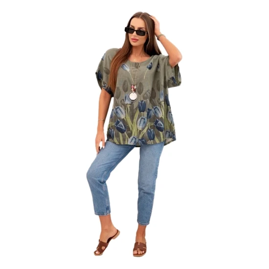 Moteriški chaki marškiniai su gėlėmis Limon 32065