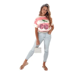 Moteriški rožiniai dryžuoti marškinėliai Disco