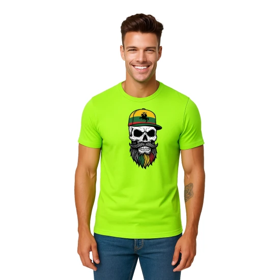 Vyriški žali neoniniai marškinėliai Kaukolė su kepure PK4016