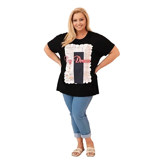 Women's black t-shirt with dark blue detail Day dream 33316