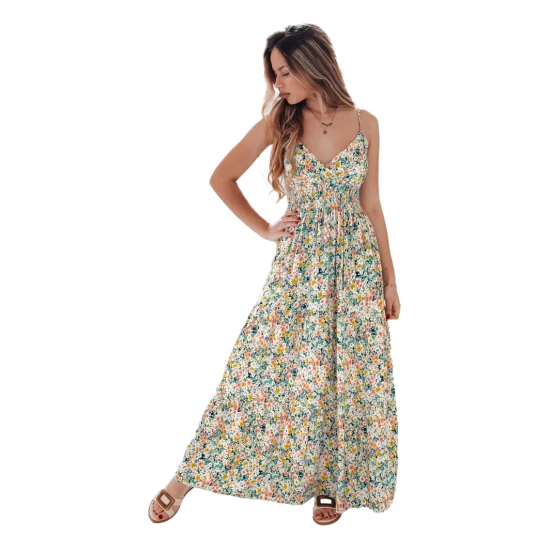 Moteriška ilga su žaliomis gėlėmis suknelė Flori EY2630