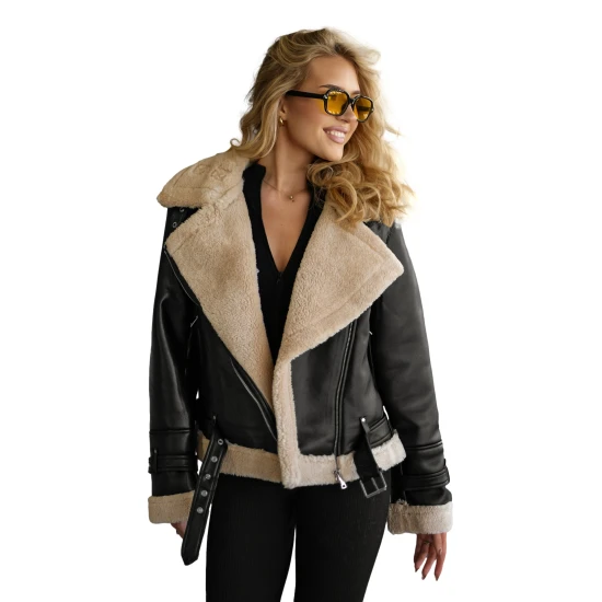 Moteriška juoda odinė striukė su kailiuku Elen Striukės