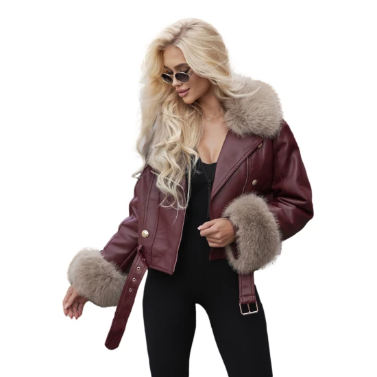 Moteriška odinė bordo spalvos striukė su rusvu kailiuku Elis Moteriškos striukės