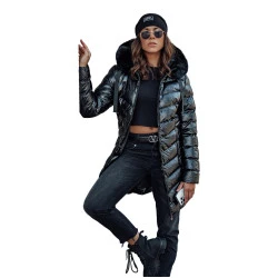 Moteriška dygsniuota juoda striukė su juodu kailiuku Crystal