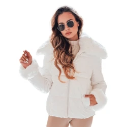 Moteriška balta trumpa striukė su kailiu Flora