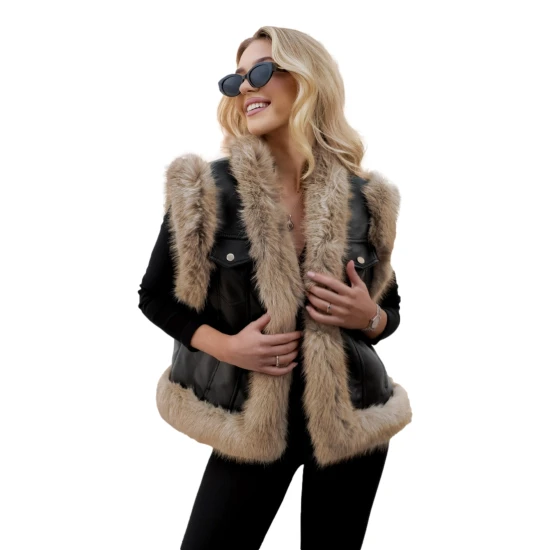 Moteriška juoda odinė liemenė su kailiu Carla Moteriškos liemenės