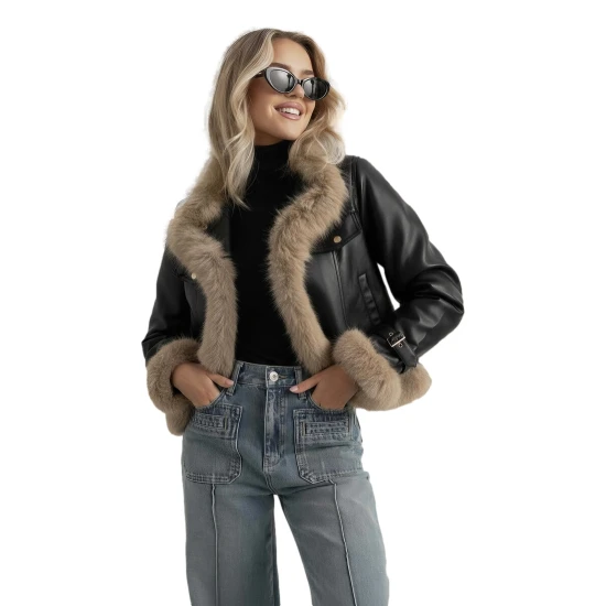 Moteriška juoda odinė striukė su kailiu Bali Moteriškos striukės