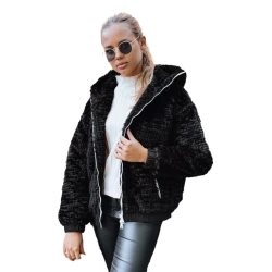 Moteriškas juodas kailinis švarkas su gobtuvu Jules